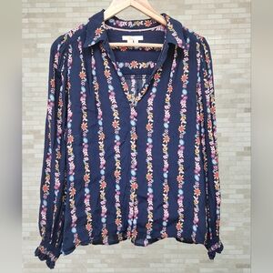 Women's Navy Floral Button-Front Blouse